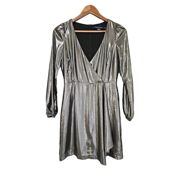 French Connection Metallic Long Sleeve Faux-Wrap Mini Dress Silver Size 2 NWT - Picture 5 of 12